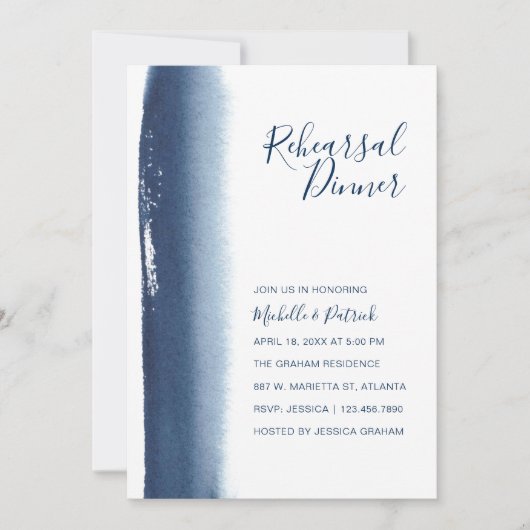 クリエイティブネイビーブルーウォーターカラーリハーサルディナー 招待状 (正面)
