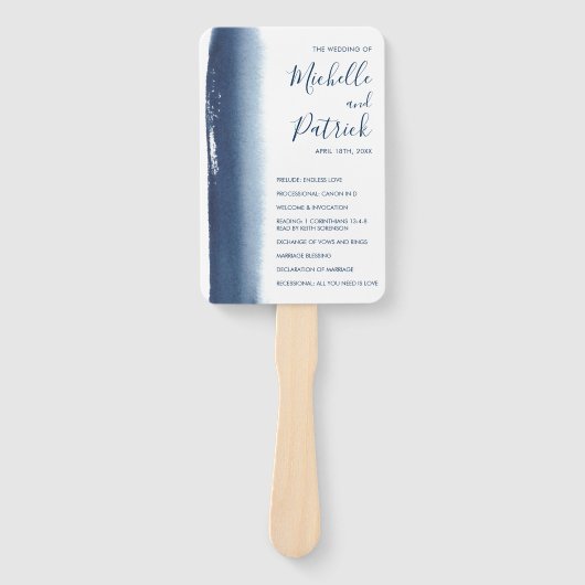 クリエイティブネイビーブルーウォーターカラー結婚式 プログラム ハンドファン (正面)