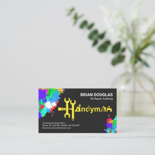 クリエイティブハンディーマンツールモチーフ絵を描（ばちゃばちゃ）跳ねる 名刺 (スタンド正面)