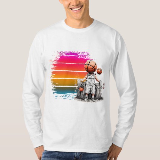 クリエイティブバスケットボールデザイン – 選手、靴&ボール Tシャツ (正面)