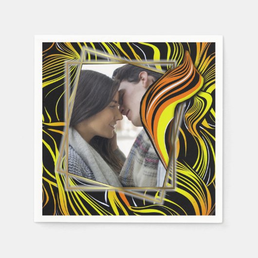 クリエイティブブラック、イエロー、オレンジのシームレス抽象的 スタンダードカクテルナプキン (正面)