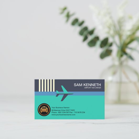 クリエイティブブルー飛行機滑走路空港タクシー 名刺 (スタンド正面)