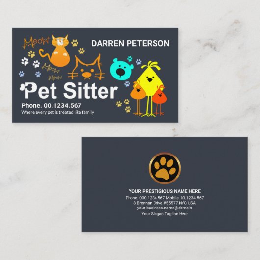 クリエイティブペットシッター看板カラフル犬猫 名刺 (正面/裏面)