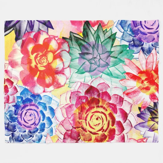 クリエイティブ多肉植物アート水彩 フリースブランケット (正面(横))