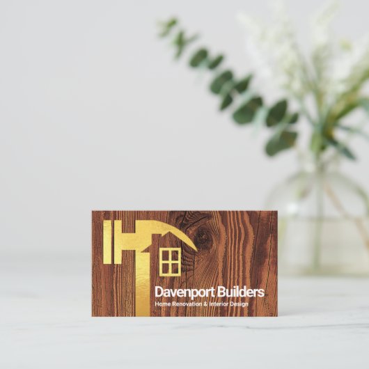 クリエイティブ金ゴールドハンマーホームシルエット木材 名刺 (スタンド正面)