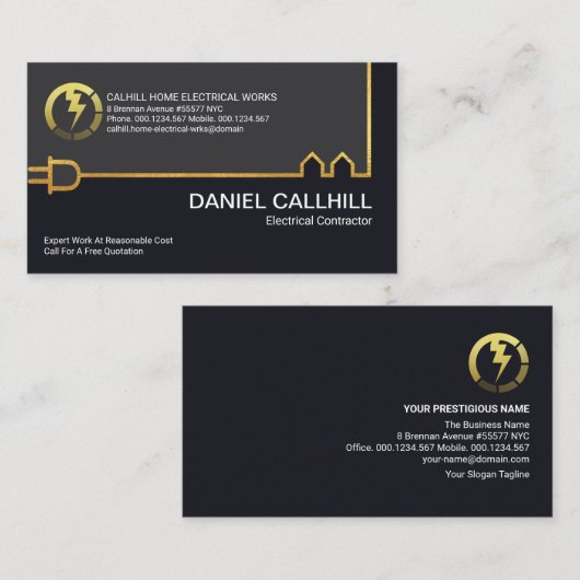 クリエイティブ金ゴールド建物電源ケーブル電気技師 名刺 (正面/裏面)