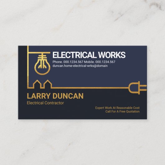 クリエイティブ金ゴールド縁ど電源プラグ電球電気技師 名刺 (正面)