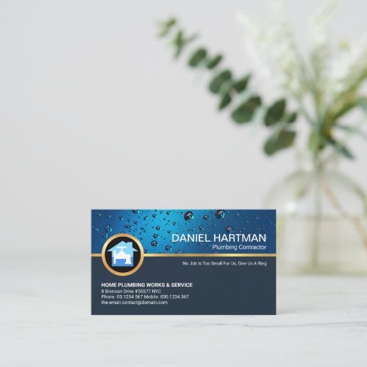 クリエイティブ青水滴金ゴールド給水栓 名刺 (スタンド正面)