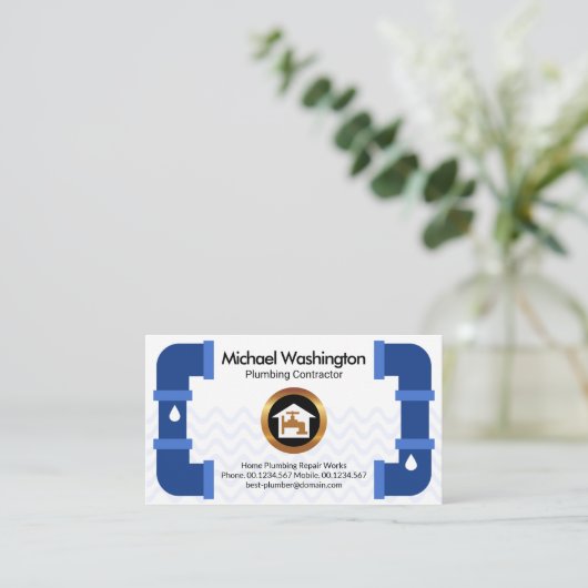 クリエイティブ青給排水配管パイプフレーム配管工 名刺 (スタンド正面)