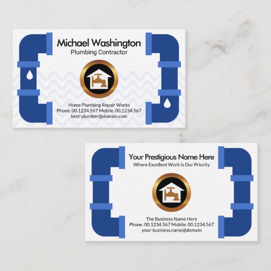 クリエイティブ青給排水配管パイプフレーム配管工 名刺 (正面/裏面)