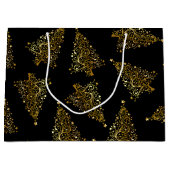 クリエレガントスマスツリーパターンの黒い金ゴールド ラージペーパーバッグ (正面)