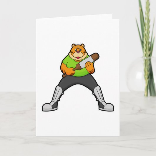 クリケットでプレーする虎とクリケットのバット カード (正面)