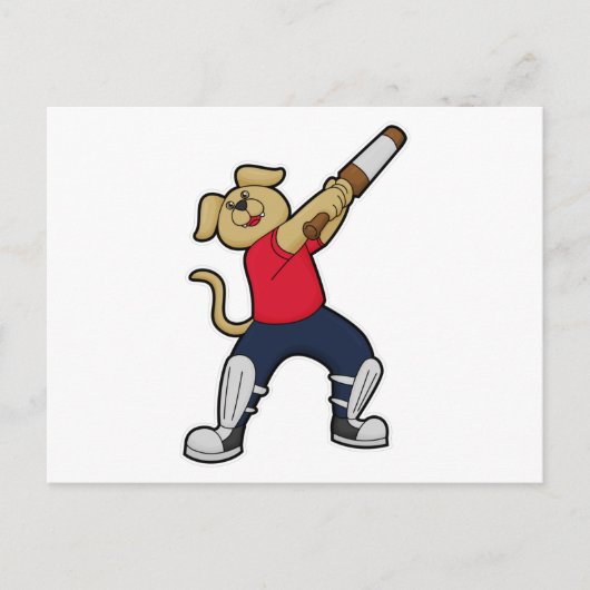 クリケットで遊ぶ犬とクリケットのバット ポストカード (正面)