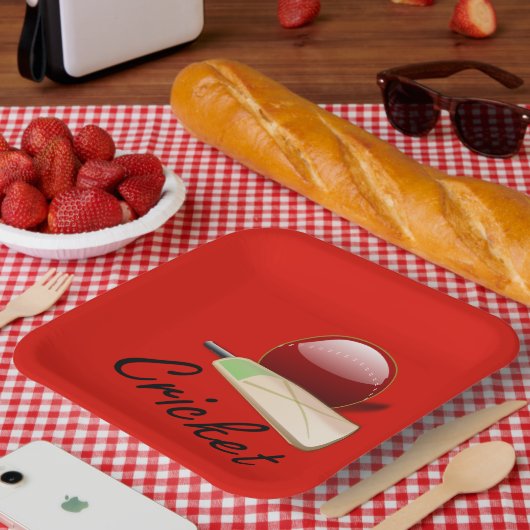 クリケットのこうもりとボールはラベルを貼っていた。 ペーパープレート (ピクニック)