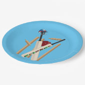 クリケットのウィケット、ヘルメット、こうもり、ボール。 ペーパープレート (アングル)