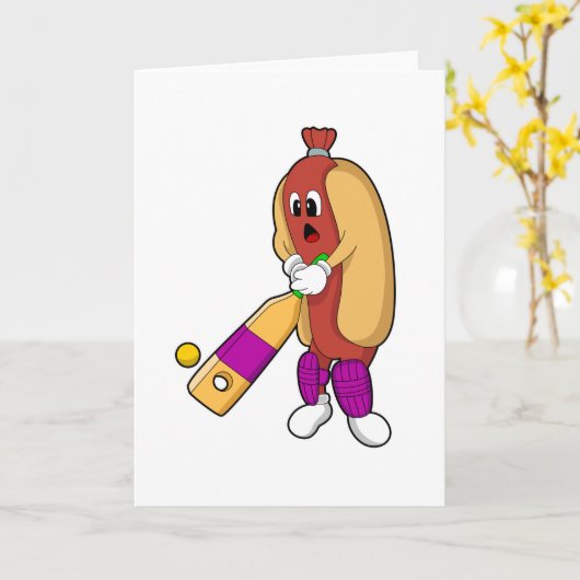 クリケットの会場でのホットドッグ(クリケットのバット付き) カード (黄色い花)