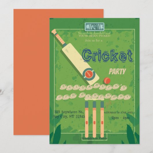 クリケットの誕生日パーティースポーツ招待状 招待状 (正面/裏面)