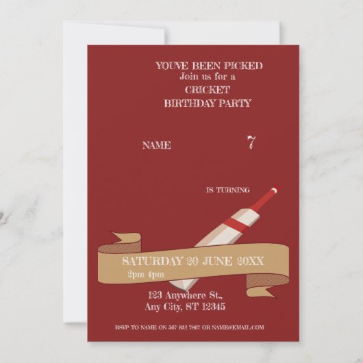 クリケットの誕生日パーティー スポーツ招待状 招待状 (正面)
