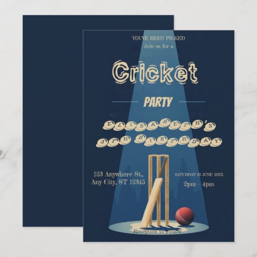 クリケットの誕生日パーティー スポーツ招待状 招待状 (正面/裏面)