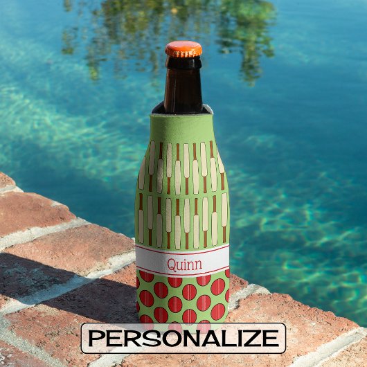 クリケットをテーマにしたパターン名前をカスタムする赤い緑 缶クーラー