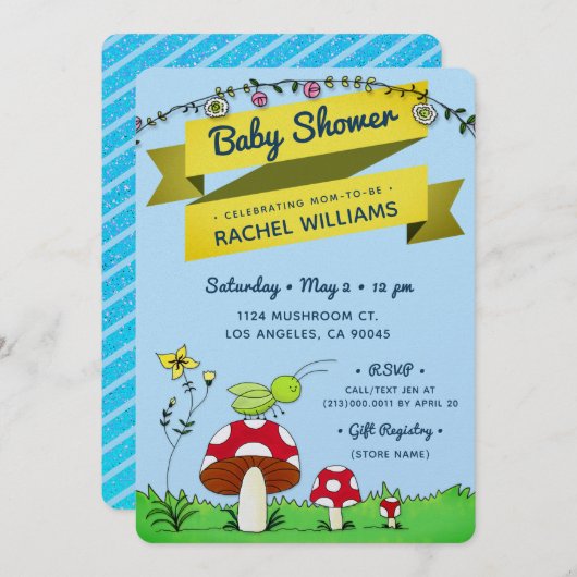 クリケットガーデングリッターテーマブルーベビーシャワーカード 招待状 (正面/裏面)