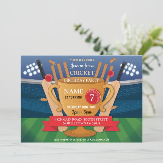 クリケットバースデーパーティースポーツウィナーカップ招待状 招待状 (スタンド正面)