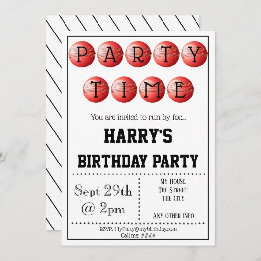 クリケットパーティの招待状編集可能 招待状 (正面/裏面)