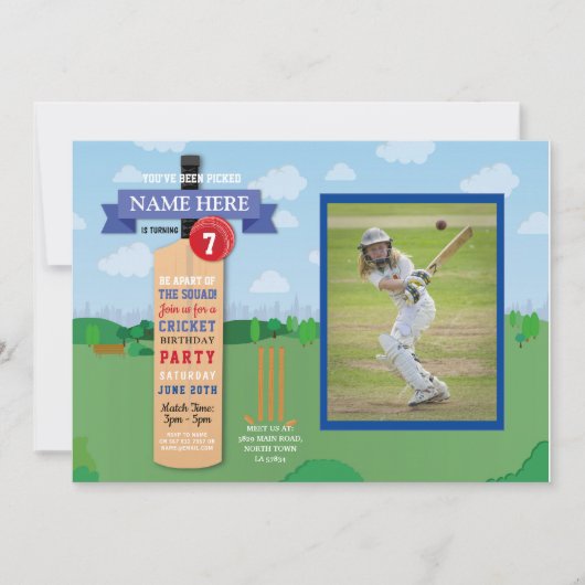クリケット誕生日パーティーのスポーツ優勝者が写真と戦う 招待状 (正面)