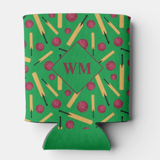 クリケット選手のこうもりとボールのパターンモノグラム 缶クーラー (裏面)