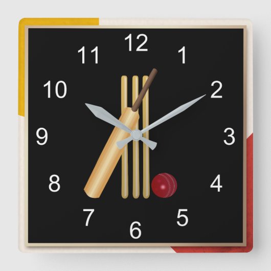 クリケット – ウィケット、こうもりと球、人気があるデザイン、 スクエア壁時計 (正面)