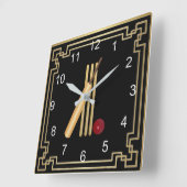クリケット、ウィケット、こうもり、ボール(金ゴールド枠付き) スクエア壁時計 (傾斜)