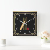 クリケット、ウィケット、こうもり、ボール(金ゴールド枠付き) スクエア壁時計 (ホーム)