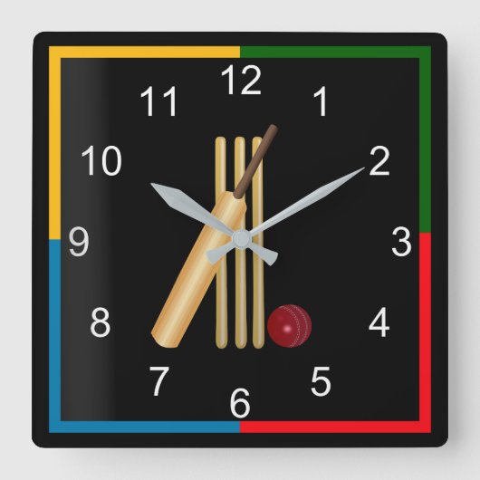 クリケット、ウィケット、こうもり、球 スクエア壁時計 (正面)