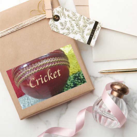 クリケット:レッド懸命ボールアートプリント 長方形シール (ギフト)