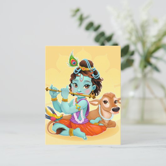 クリシュナインディアン神遊のフルートイラストレーション ポストカード (スタンド正面)