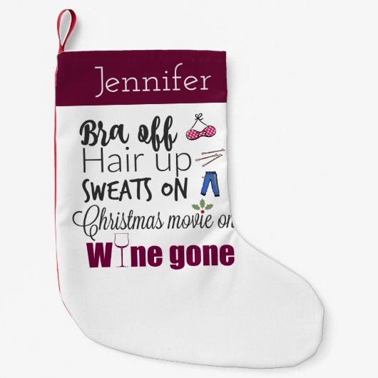 クリスおもしろいマスワインのブラジャーオフパーソナライズされた スモールクリスマスストッキング (正面)