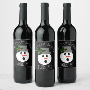 クリスおもしろいマス雪だるまのメルトダウン飲料が速く ワインラベル