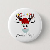 クリスおもしろいマス2020年トナカイが顔マスク着用 缶バッジ (正面)