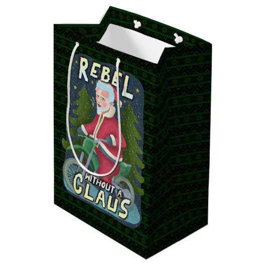 クリスおもしろいマス·サンタクロースのユーモア、バイクに反逆 ミディアムペーパーバッグ (裏面アングル)