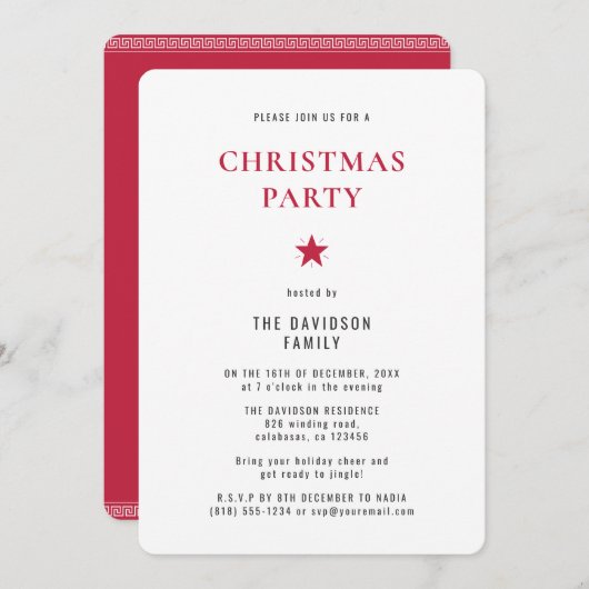 クリスエレガントスモダンマスのミニマルなシック赤パーティー 招待状 (正面/裏面)