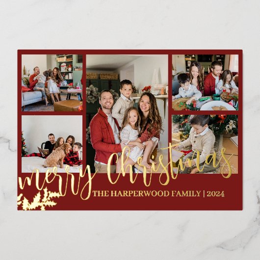 クリスエレガントモダンスマスファミリーフォトコラージフォイル 箔シーズンカード (正面)