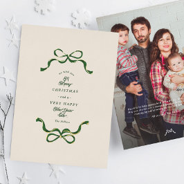 クリスエレガントユニークマス・ボウズ・クリーム&グリーン・フォト 箔シーズンカード