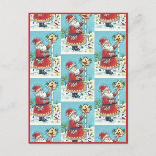 クリスクリングル食べ物を与えルのレッドバード、クリスマスバードハウス シーズンポストカード (正面)