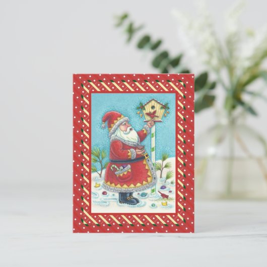 クリスクリングル食べ物を与えルのレッドバード、クリスマスバードハウス シーズンポストカード (スタンド正面)