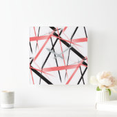 クリスクロスサンゴと黒ストライプオンホワイト スクエア壁時計 (ホーム)