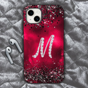 クリススタイリッシュフェイクタルRhinestone文字M赤黒 iPhone 15ケース