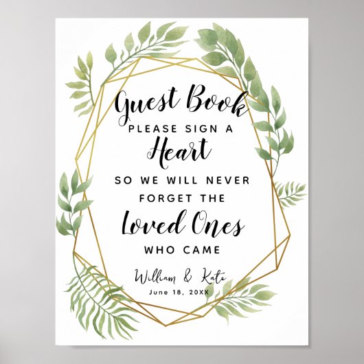 クリスタルの葉の緑のハート結婚ゲストブック ポスター (正面)