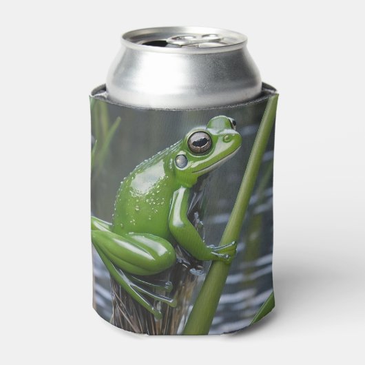 「クリスタルの透明度：葦の上の緑のガラスのカエル」 缶クーラー (缶正面)