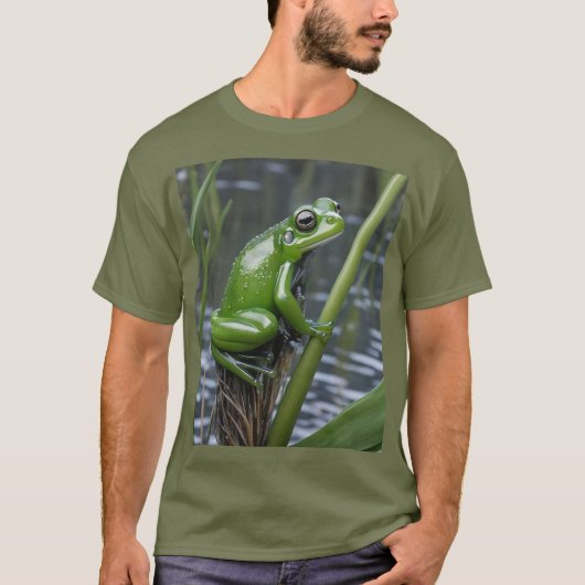 「クリスタルの透明度:葦の上の緑のガラスのカエル」 Tシャツ (正面)
