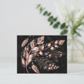 クリスタルを使用したピンクと黒の装飾羽毛 ポストカード (スタンド正面)